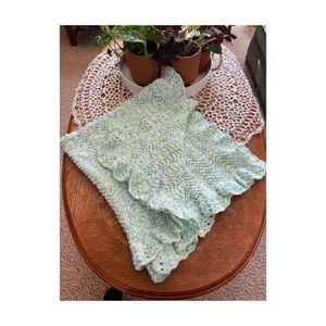 Hand Knit Receiving Blanket Pastel Blue Green White Lettuce Trim Baby Nursery